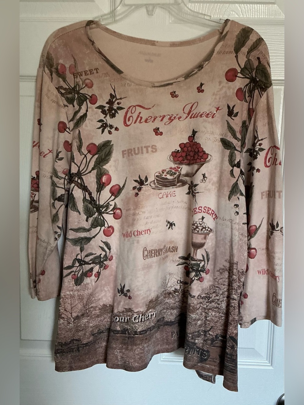 Allison Daley Cherry Print Blouse Women 2X Vintage Sweet Fruit Top 3/4 Sleeve